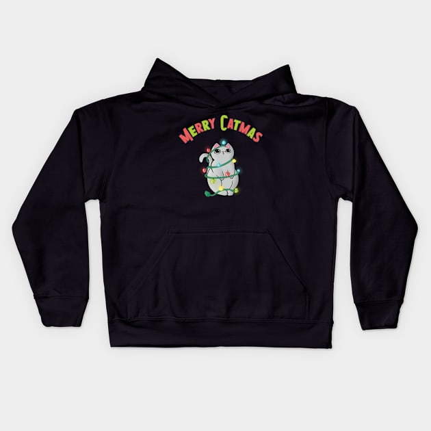 Merry Catmas Cat wrappaed in Christmas Lights Kids Hoodie by xenotransplant
